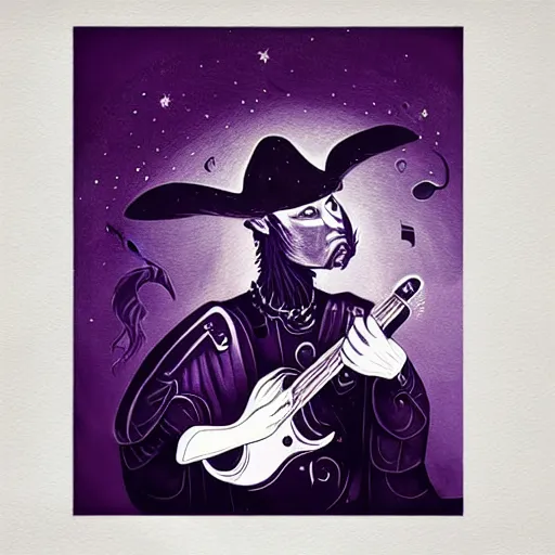 Image similar to black white purple painting on black paper, folkloric illustration , the guitar player , tarot by Andreas Rocha