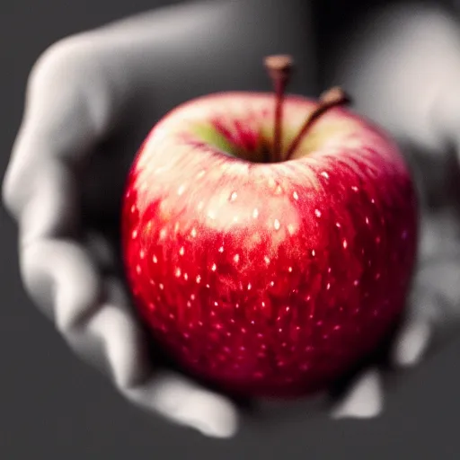 Image similar to Realistic photo of a red apple in an old man\'s Hand, HD, trending on artstation, 8k, beautiful photo, artistic photography