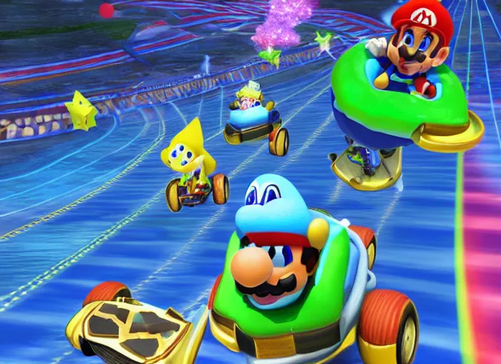 Image similar to portrait of mario kart blue shell flying through the air followed by other mario kart turtle shells