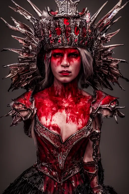 Image similar to the blood crown queen wear the scarlet armor, cinematic lighting, various refining methods, micro macro autofocus, ultra definition, award winning photo