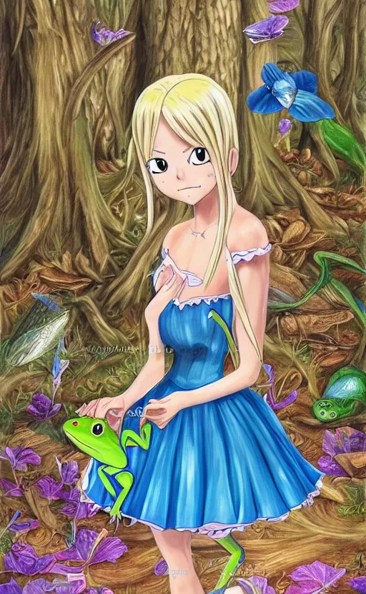 Prompt: a beautiful detailed intricate photorealistic painting of a young blond girl in a blue dress woman in a forest discovering a frog on the ground. fairy tail. vibrant. beautiful. photorealistic. hd. hq. trending on arstation.