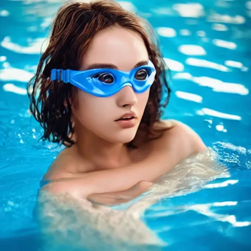 Prompt: beautiful woman in a swimming pool, artstation, highly detailed face, pretty, gorgeous, cute, blue bikini, warm lighting