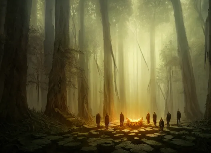 Image similar to the forest council, environment, illustration, symmetrical, smoky, unreal engine, colors, epic scene, fantasy art by greg rutkowski, octane redner, golden raito, high quality, intricate details, highly details, intricate, atmosphere, highly detailed, matte painting, cinematic, deviantart, realistic, concept art, 4 k