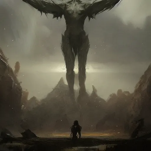 Prompt: a beautiful terrifying immense pale humanoid giant looms over a tiny human. ethereal horror fantasy art by greg rutkowski