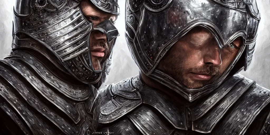 Image similar to portrait of a symmetric detailed man in realistic detailed medieval armor facing off against a monster, ultra realistic, epic, highly detailed, hd, sharp focus, cinematic lighting, realistic, vivid colors, gritty, matt painting, digital art, non blurry, sharp, artstation, concept art, smooth, illustration