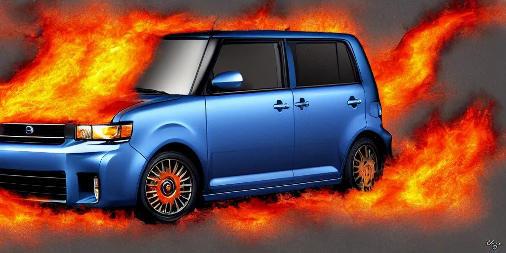 Image similar to first generation scion xb, on fire, digital art