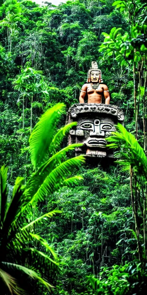 Image similar to a mayan god overlooking his subjects in the jungle,