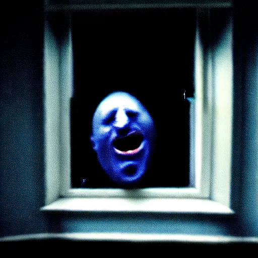 Image similar to dark photo of dark blue rainy bedroom window at night, dimly lit creepy | screaming face of boris johnson staring in through the window, bloody hands, horror, scary face, demonic face,