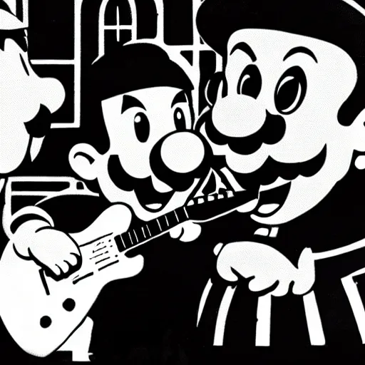 Image similar to Mario Bros playing the guitar with the Beatles Band