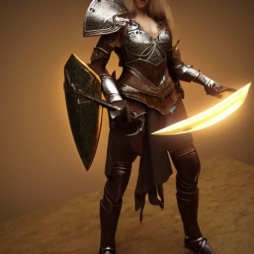 Image similar to full - body shot of a powerful elven female knight with a shield and a sword, ultra - hd, hcl, 1 2 - bit, ar, volumetric lighting, screen space global illumination, opaque, optics, lumen reflections, vfx, insanely detailed and intricate