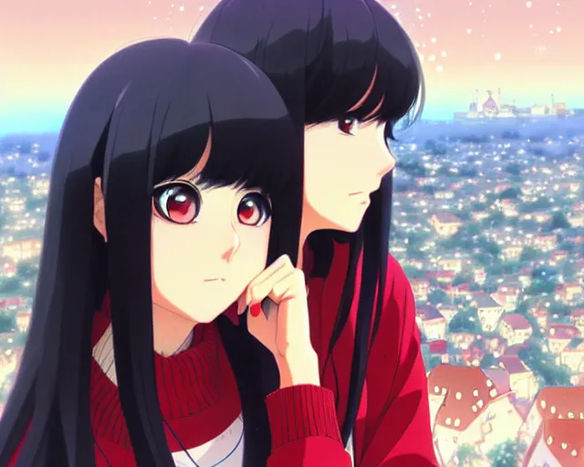 Image similar to beautiful anime girl with long black hair and bangs, red eyes, wearing a white sweater, fine details portrait, village in the background, bokeh. anime masterpiece by Studio Ghibli. illustration, sharp high-quality anime illustration in style of Ghibli, Ilya Kuvshinov, Artgerm