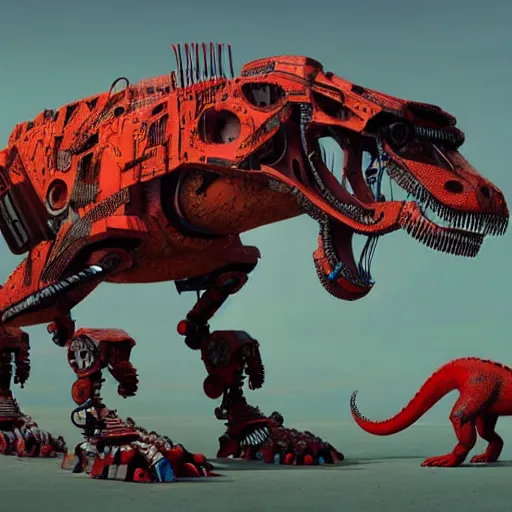 Image similar to a character art rendering of a brightly colored robot T-rex made of mechanical parts, cartoonish psychedelic paleoart rendering, realistic dinosaur cyborg in the style of greg rutkowski and simon stålenhag, made with zbrush