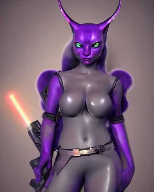 Image similar to gorgeous catgirl alien with horns instead of ears holding a laser rifle, futuristic, sci-fi purple fur, photorealistic CGI