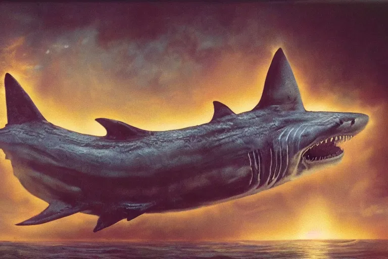 Image similar to giant shark cursed by the bite, painted by bob eggleton and lee brown coye and don maitz and michel granger, trending on artstation, dark atmospheric lighting rear view sacred geometry, tintype, portrait, positivism, tachisme