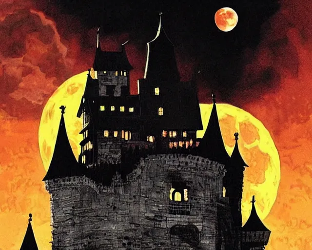 Image similar to dracula's castle rising up from the mist at night silhouetted by a single huge bloodmoon by dc comics and sandra chevrier, stunning, comic, pen and ink, slash page, highly detailed