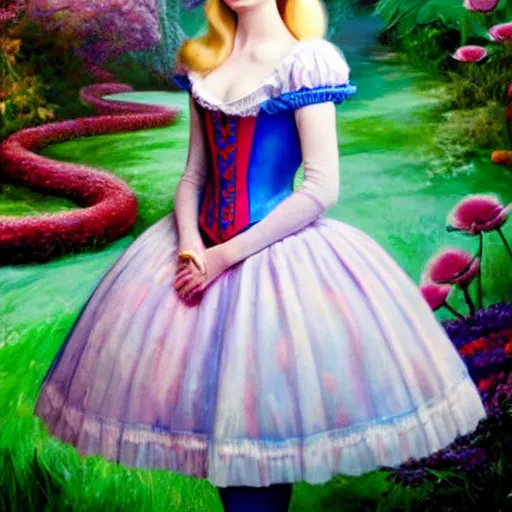 Image similar to a striking hyper real painting of Elle Fanning in Alice in Wonderland