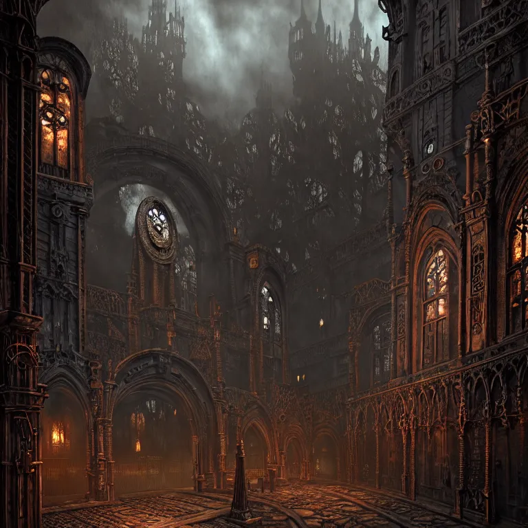 Image similar to steam necropolis, memento mori, gothic, neo - gothic, art nouveau, hyperdetailed copper patina medieval icon, stefan morrell, philippe druillet, ralph mcquarrie, concept art, steampunk, unreal engine, detailed intricate environment, octane render, moody atmospherics, volumetric lighting, ultrasharp, ominous, otherworldly