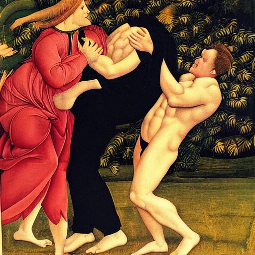 Image similar to conan o'brien and andy richter wrestling, by sandro botticelli, oil on canvas