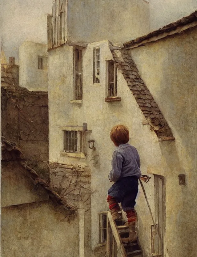 Prompt: peasant boy climbing stairs to the roof of a house, cottage core, cinematic focus, polaroid photo bleached vintage pastel colors high - key lighting, soft lights, foggy, by steve hanks, by lisa yuskavage, by serov valentin, by tarkovsky, detailed, oil on canvas