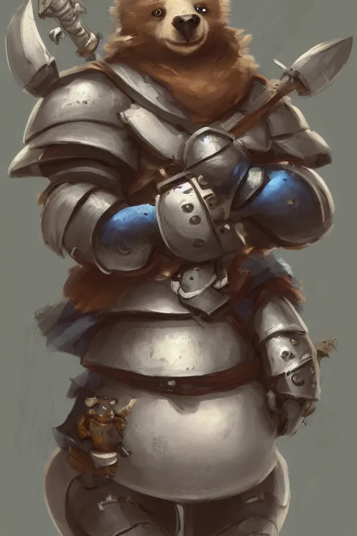 Image similar to cute little anthropomorphic bear knight wearing a cape and a crown, tiny, small, miniature bear, baby animal, short, pale blue armor, cute and adorable, pretty, beautiful, DnD character art portrait, matte fantasy painting, DeviantArt Artstation, by Jason Felix by Steve Argyle by Tyler Jacobson by Peter Mohrbacher, cinematic lighting