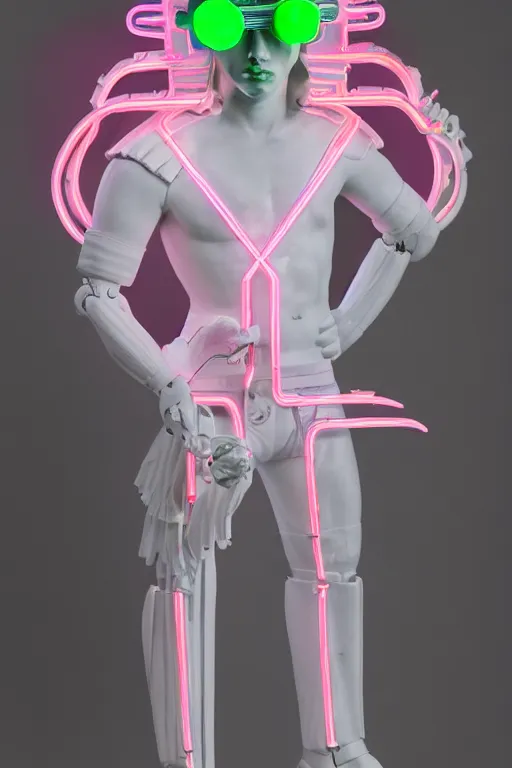 Image similar to full-body neon porcelain baroque bladerunner greek style sculpture of a young royal Ozuna as a high-fashion half-robot wearing retro shades with a porcelain body with an opening exposing a battery leaking green glowing radioactive liquid, electric sparks, glowing violet laser beam eyes, crown of giant rubies, flowing pink and orange neon-colored silk, luminescent fabrics, mechanical raptors. baroque and steampunk elements. full-length view. baroque element. intricate artwork by caravaggio. Very very very very highly detailed epic photo of face. Trending on artstation, octane render, cinematic lighting from the right, hyper realism, octane render, 8k, depth of field, 3D