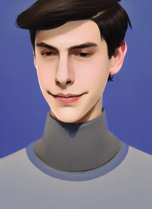 Image similar to portrait of teenage jughead jones wearing a light grey crown, crown, blue turtleneck, closed eyes, eyes closed, smile, crown, black hair, intricate, elegant, glowing lights, warm lighting, highly detailed, digital painting, artstation, concept art, smooth, sharp focus, illustration, art by wlop, mars ravelo and greg rutkowski