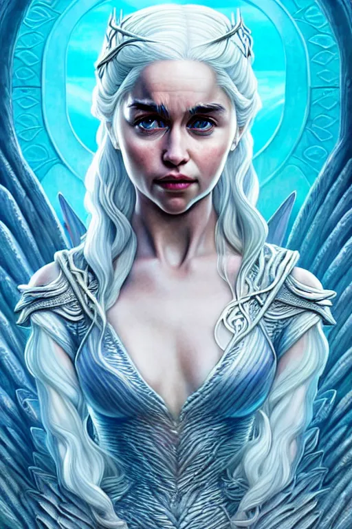 Image similar to beautiful daenerys targaryen ( khaleesi ) portrait, art deco, fantasy, intricate art deco dragon designs, elegant, highly detailed fractals, sharp focus, game of thrones art by artgerm and beeple and greg rutkowski and wlop