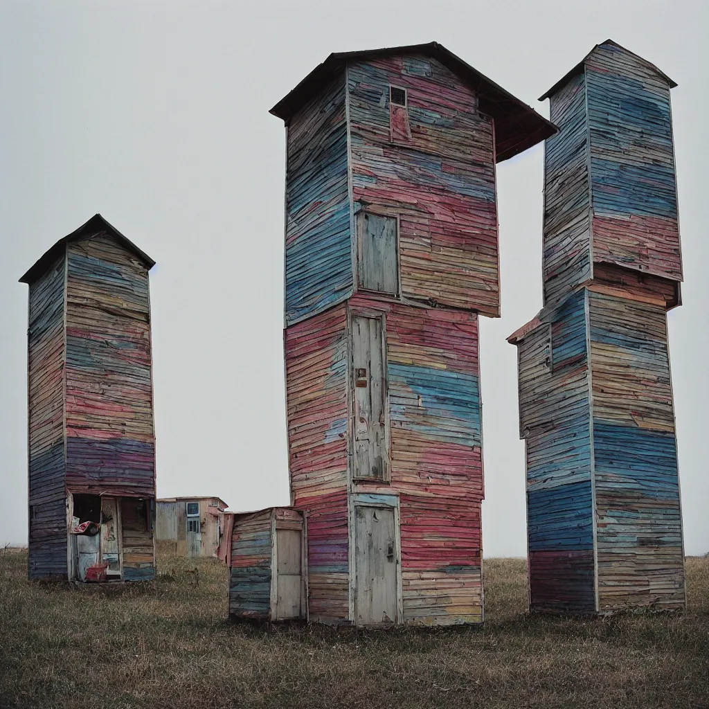 Image similar to two towers, made up of colourful stacked makeshift squatter shacks, bleached colours, plain uniform sky at the back, misty, mamiya, f 1. 8, ultra sharp, very detailed, photographed by julie blackmon