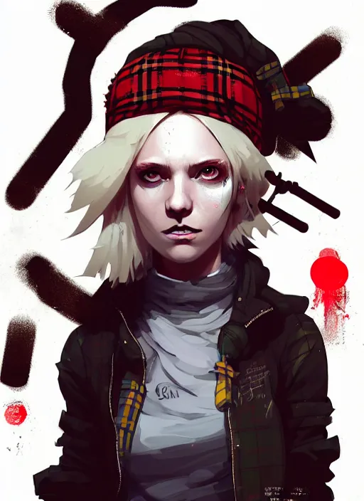 Image similar to highly detailed closeup portrait of a sewer punk swedish female mage student, tartan garment, blonde hair with headband by atey ghailan, by greg rutkowski, by greg tocchini, by james gilleard, by joe fenton, by kaethe butcher, gradient red, black, brown and white color scheme, grunge aesthetic!!! white graffiti tag wall background