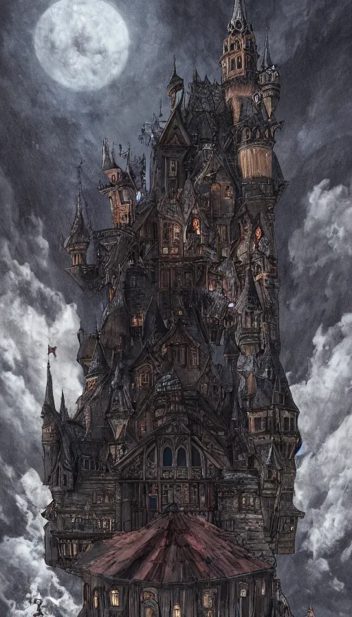 Image similar to Vampire Putin over a Medieval Gothic Castle, by Ayami Kojima, studio ghibli, cinematic lighting, intricate, highly detailed, digital painting, trending on artstation, Illustration, epic scale