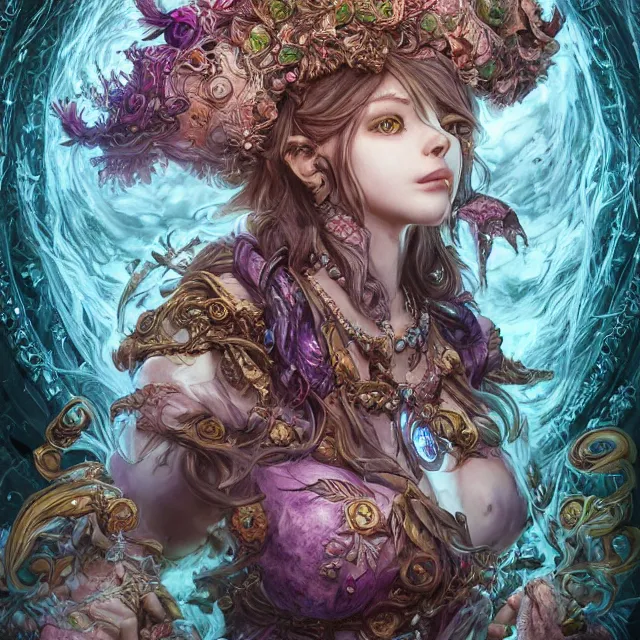 Image similar to the portrait of chaotic good female druid alchemist as absurdly beautiful, gorgeous, elegant, young gravure idol, an ultrafine hyperdetailed illustration by kim jung gi, irakli nadar, intricate linework, sharp focus, bright colors, octopath traveler, final fantasy, unreal engine 5 highly rendered, global illumination, radiant light, detailed and intricate environment