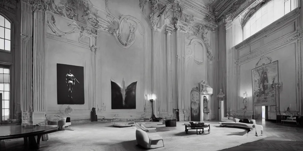 Image similar to Batman standing in giant Italian modern castle living room, clean minimalist design, that is 1300 feet tall, with very tall giant walls filled with modern art paintings, doors that are cosmic portals, photo by Annie Leibovitz