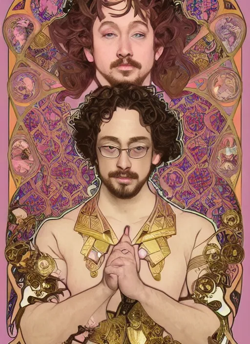 Image similar to Sam Hyde as magical prince, sigma and gigachad, big red eyes, peaceful expression, fantasy, intricate pink and gold ornate suit, modeling for Dulce and Gabanna, accurately portrayed, portrait art by James Jean and Alphonse mucha, highly detailed, digital painting, concept art, illustration, multiversal paradise shining rgb luxurious lights, trending on artstation, very detailed, smooth, sharp focus, octane render, close up