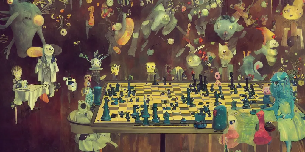 Prompt: cute anime monsters playing chess by Klimt and Goro Fujita and Simon Stalenhag and Kandinsky and Magritte, 8k, trending on artstation, hyper detailed, cinematic