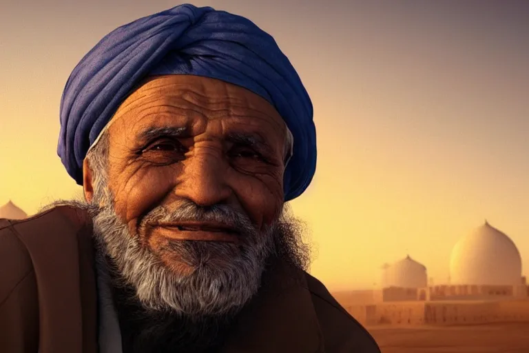 Image similar to hyperrealistic close up portrait of an old arabic man, wearing a turban, lit by dawn light, desert city on background, trending on artstation