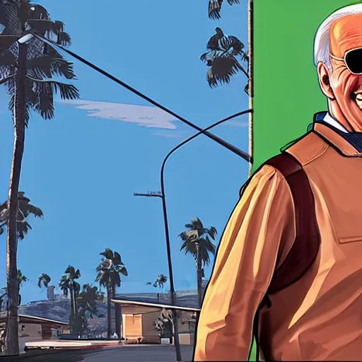 Prompt: joe biden wearing aviators and laughing in gta v, cover art by stephen bliss, boxart, loadscreen