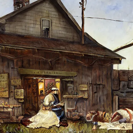 Prompt: old general store, everyone has a head wound, no eyes, by norman rockwell, by greg rutkowski, tonal color scheme, antique, retro atmosphere.