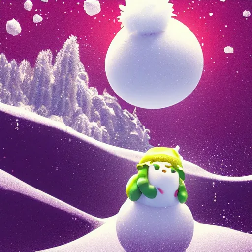 Image similar to a portrait of a mochi cannabis leaf snowball cute friendly character snowboarding in a gelatinous australian ❄ environment 3 d rendered in octane, by eyvind earle