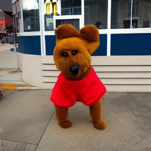 Image similar to photo of anthropomorphic dog working for mcdonalds, fur