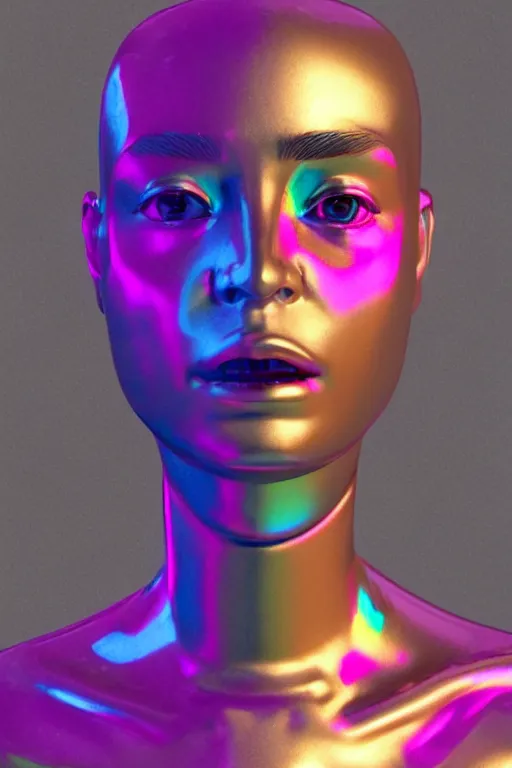 Prompt: 3d render of holographic human robotic bust made of glossy iridescent, bust, surrealistic 3d illustration of a human non-binary, non binary model, 3d model human, cryengine, made of holographic texture, holographic material, holographic rainbow, concept of cyborg and artificial intelligence