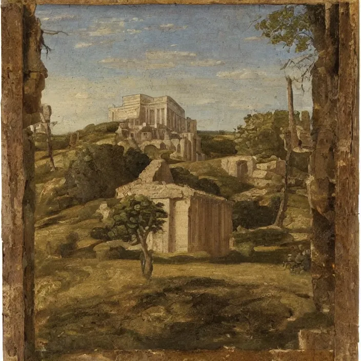 Image similar to a building in a serene landscape, early christian art