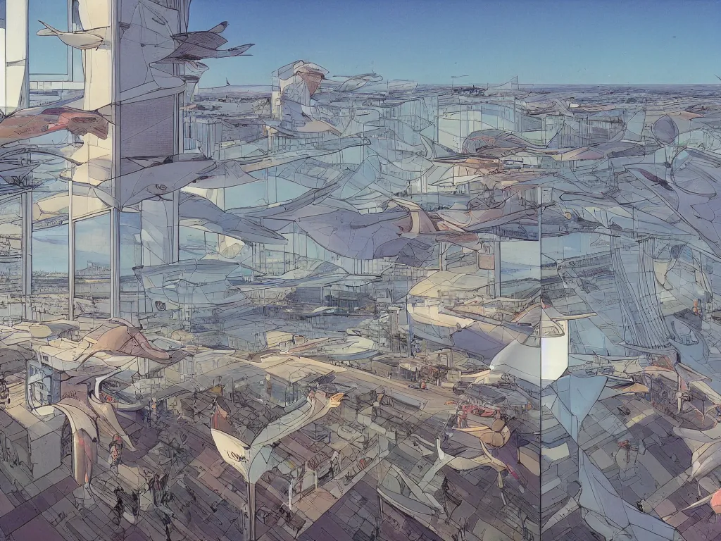 Image similar to community of people living in large airport with tall windows, looking at the horizon. moebius