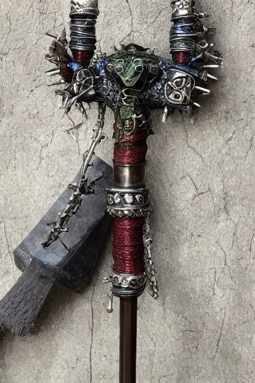 Prompt: a steel axe, all craftsdwarfship is of the highest quality. it is encrusted with blue garnet and encircled with bands of rope reed. this object is adorned with hanging rings of obsidian and menaces with spikes of leather, bone, and iron. on the item is an image of an elf in frog demon bone.