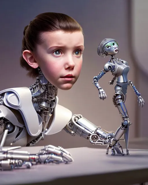 Prompt: weta disney pixar movie still head and torso portrait photo of young millie bobby brown lying on a science fiction table with a white ponytail as thoughtful intricate detailed mechanical plastic cyborg girl by pixar, by weta, wlop, ilya kuvshinov, rossdraws, artgerm, latex, iridescent, bright morning, anime, liosh, mucha