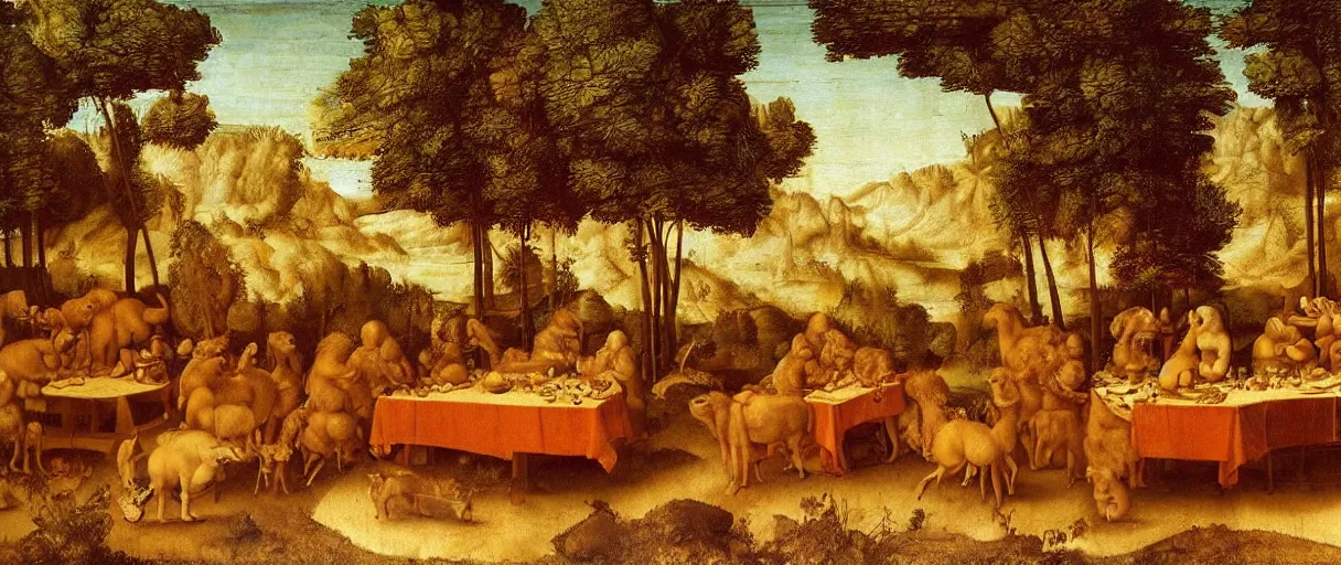 Image similar to A painting by Leonardo Da Vinci featuring a large group of animals sitting at the table, eating dinner. The table is standing in the forest. Golden hour, extremely detailed