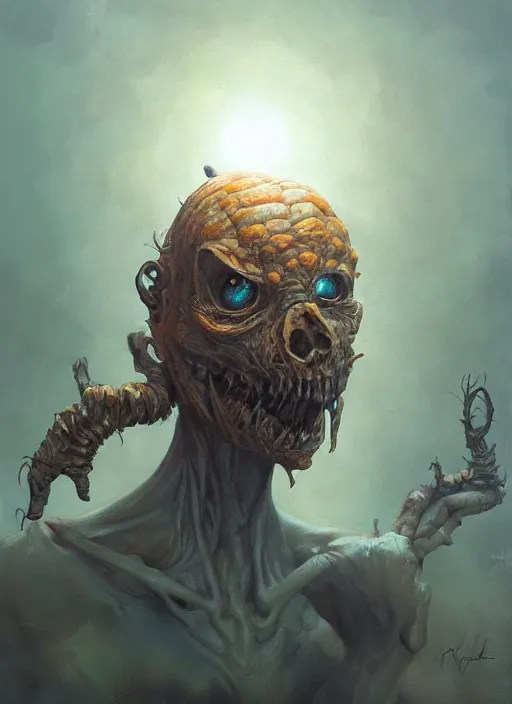 Prompt: highly detailed portrait of pumpkinhead, realistic, horror, fantasy art by greg rutkowski, stanley artgerm, loish, rhads, tom bagshaw, global illumination, radiant light, detailed and intricate environment