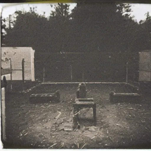 Image similar to occult sacrifice site in an abandoned school playground, dark and scary lighting, real photo taken with Polaroid camera