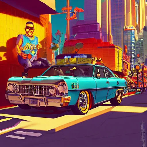 Image similar to swagger! lowrider culture, living large in the city by tyler edlin, new york 1 9 7 0, editorial, bold colors, detailed, bold colors, incredible lighting, great composition, artstation