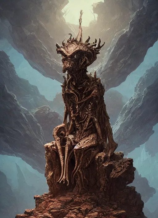 Image similar to hyper realistic photography of intricate symmetric strange alien bone god sitting on ruined ornamented rock throne in a crystal cave detailed, greg rutkowski, mignola, moebius, artstation, cgsociety