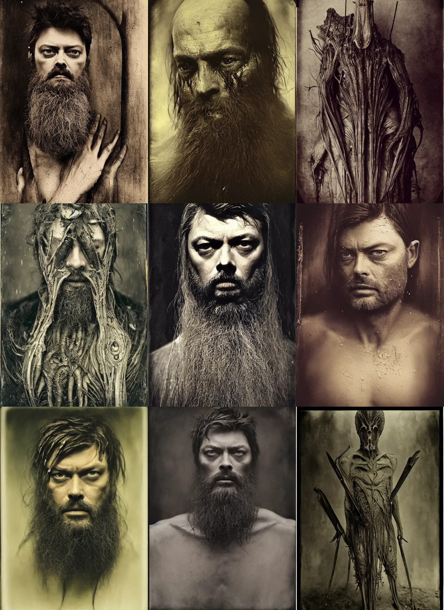 Prompt: wet plate photography karl urban with long beard, giger, beksinski, barlowe